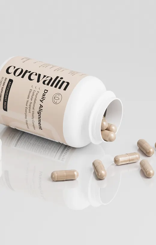 Flacon Corevalin ouvert avec des capsules